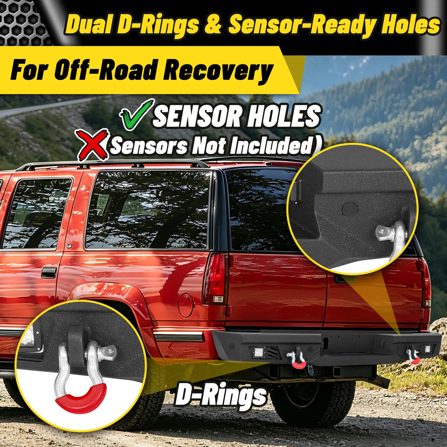 Chevy Suburban 92-99 / Yukon 92-99 / Tahoe 95-99 Rear Bumper|Bolt-On, No Drilling, Sensor Holes & Rear Step Plate