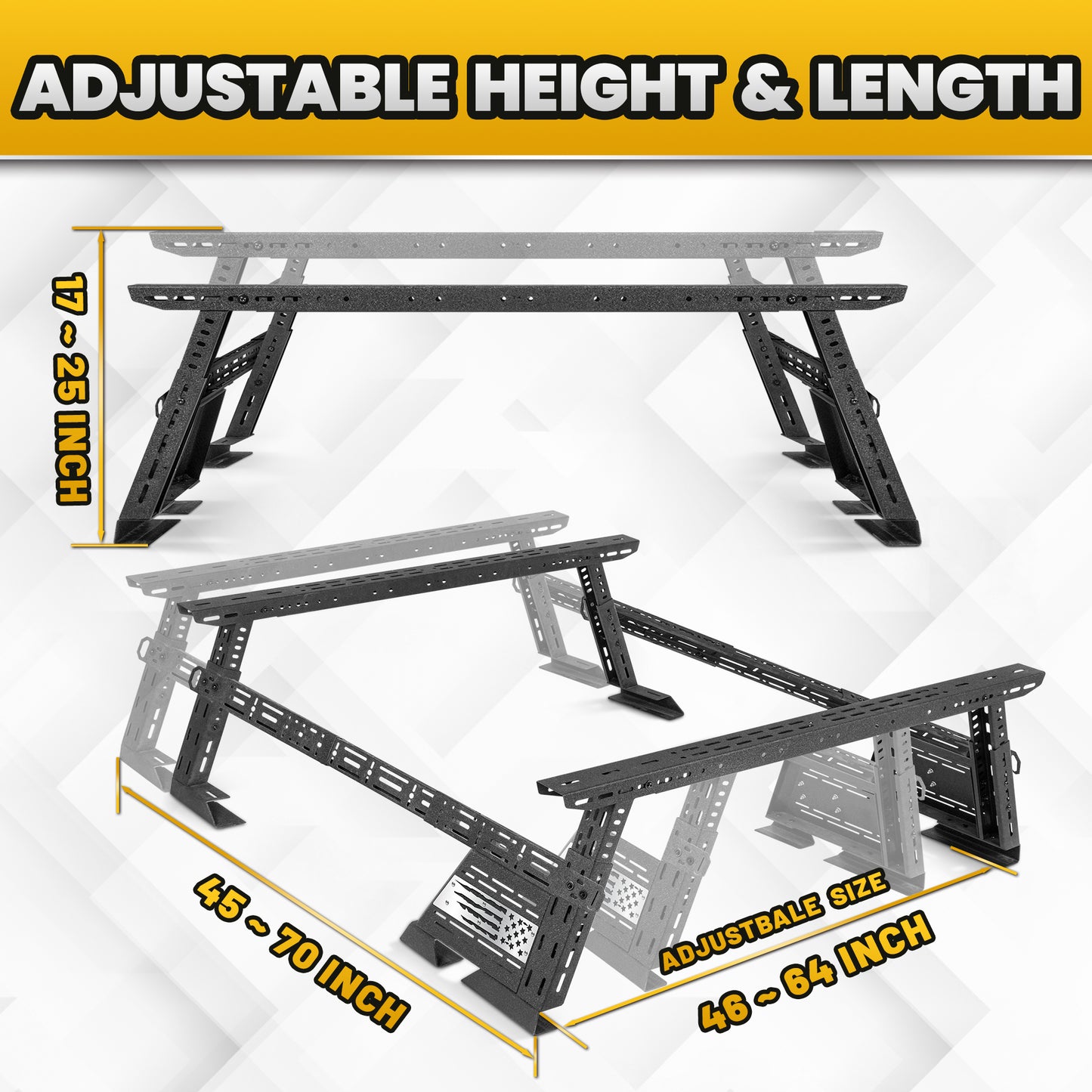 MONOKING 16-25" Mid Height Bed Rack with Sidebars USA Flag for Jeep Gladiator
