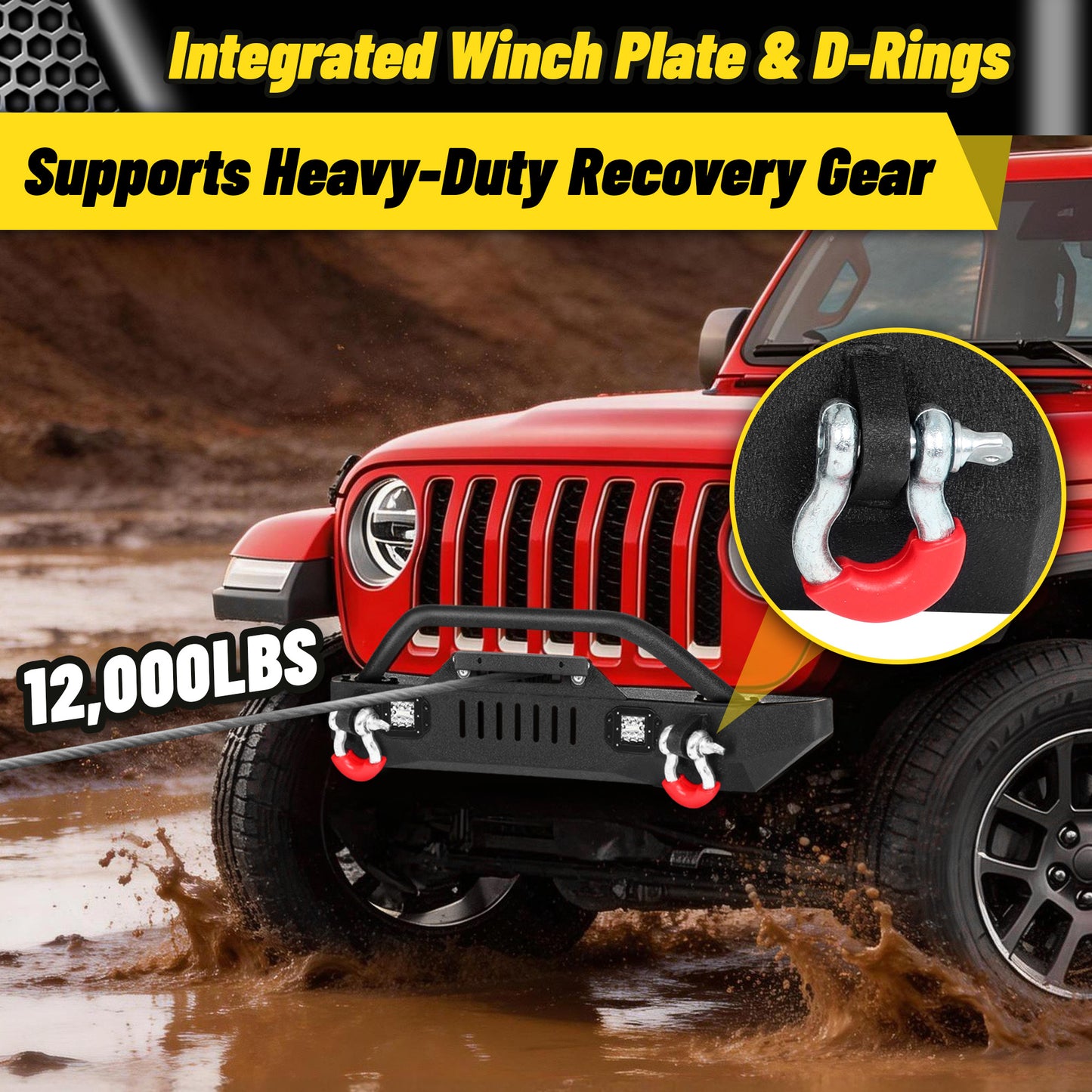 Jeep Wrangler JK/JL 07-26 & Gladiator JT Front Bumper|Direct Bolt-On, No Drill, Overland & Off-Road Defense, Dual D-rings