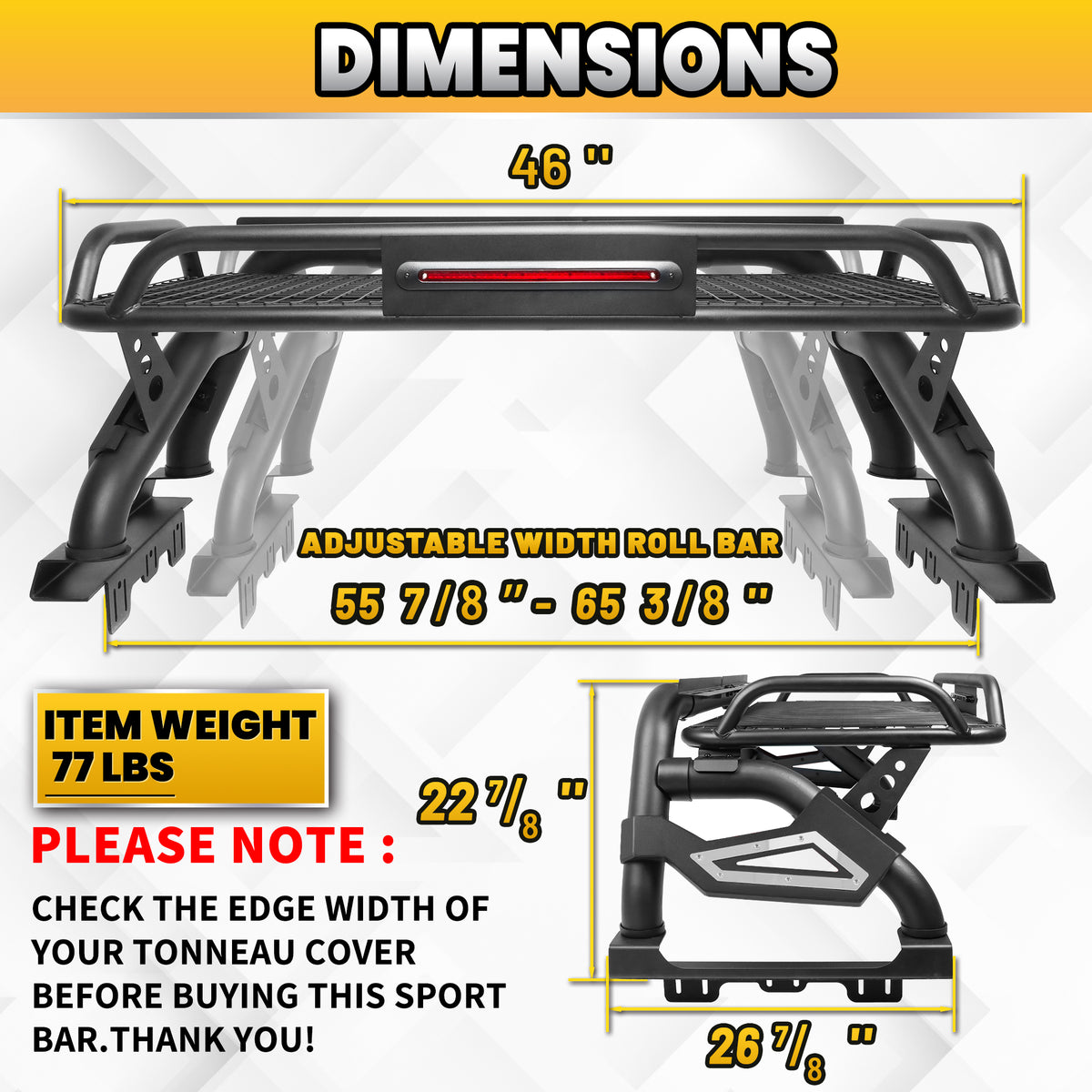 Roll Bar with Cargo Basket, LED Brake Light & Light Rack for Mid-Size Truck