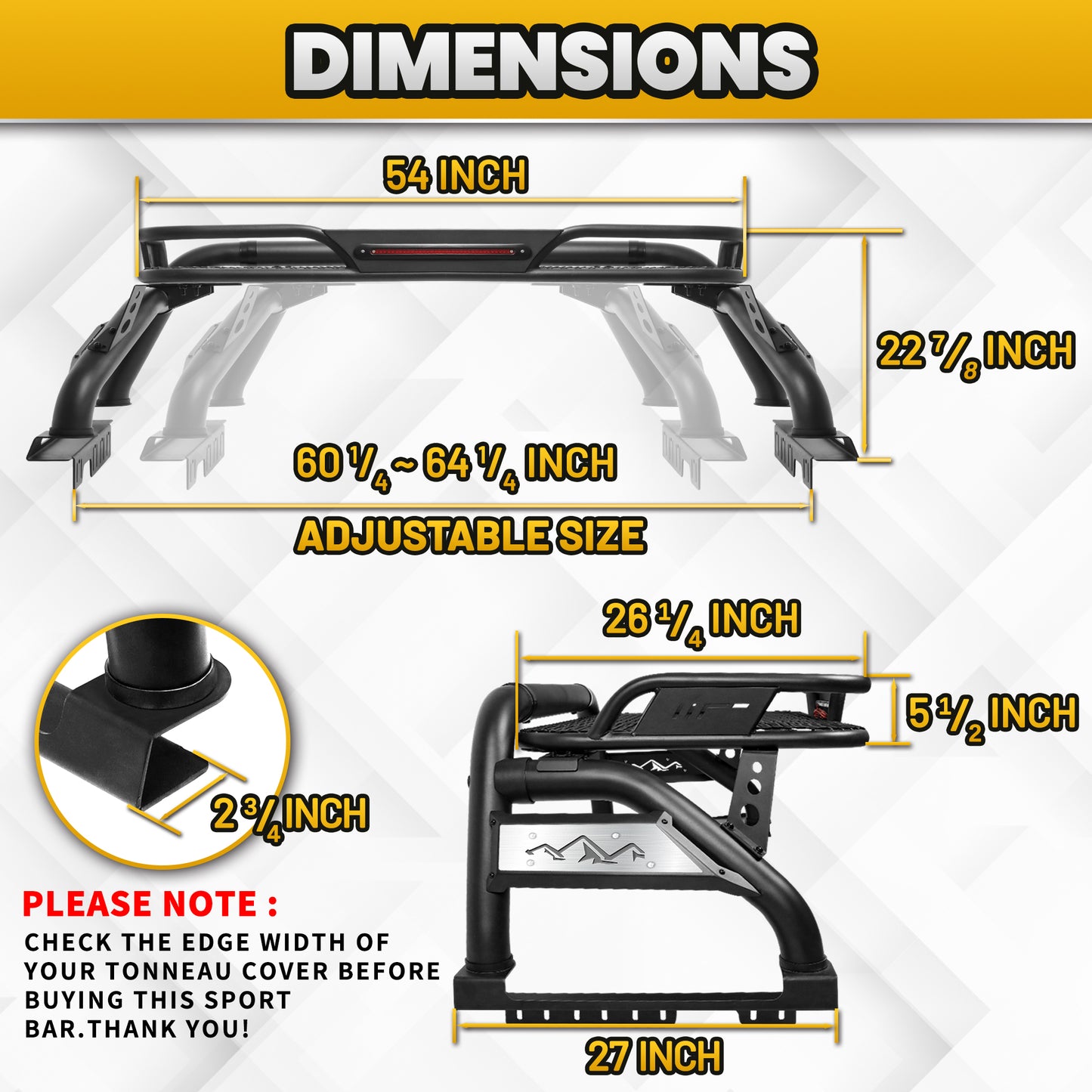 Adjustable Sport Roll Bar for Pickup Truck with Cargo Basket＆3rd Brake Light