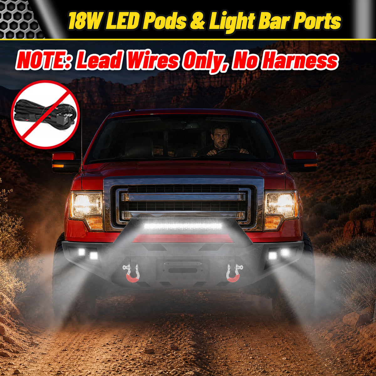 ATEAFB054 F-150 Front Bumper 18W LED Pods Light Bar Ports