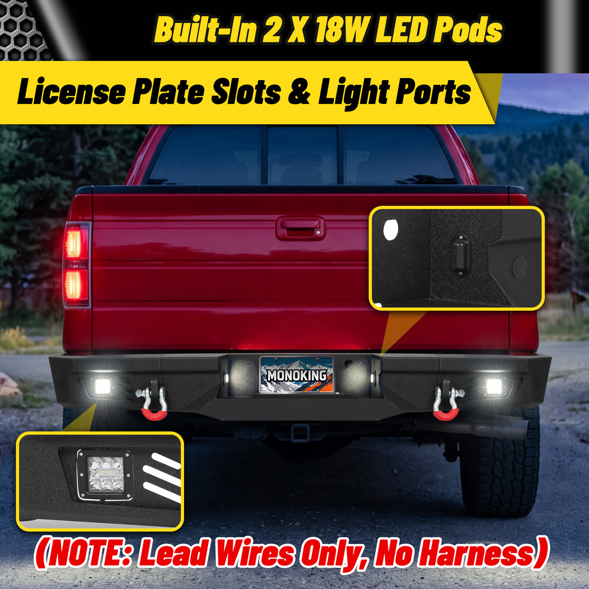 ATEAFB058 F-150 Rear Bumper 18W LED Pods License Plate Slots Light Ports