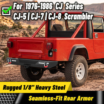 compare product CJ-5/CJ-7/CJ-8 Scrambler 1976-1986 Rear Bumper|1/8-Inch Steel, D-Rings, LED Pods & Step Plates