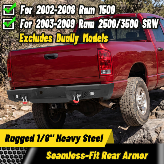 Ram 1500 2002-2008 / Ram 2500/3500 SRW 2003-2009 Rear Bumper|1/8-Inch Steel, D-Rings, Sensor Ports & LED Pods
