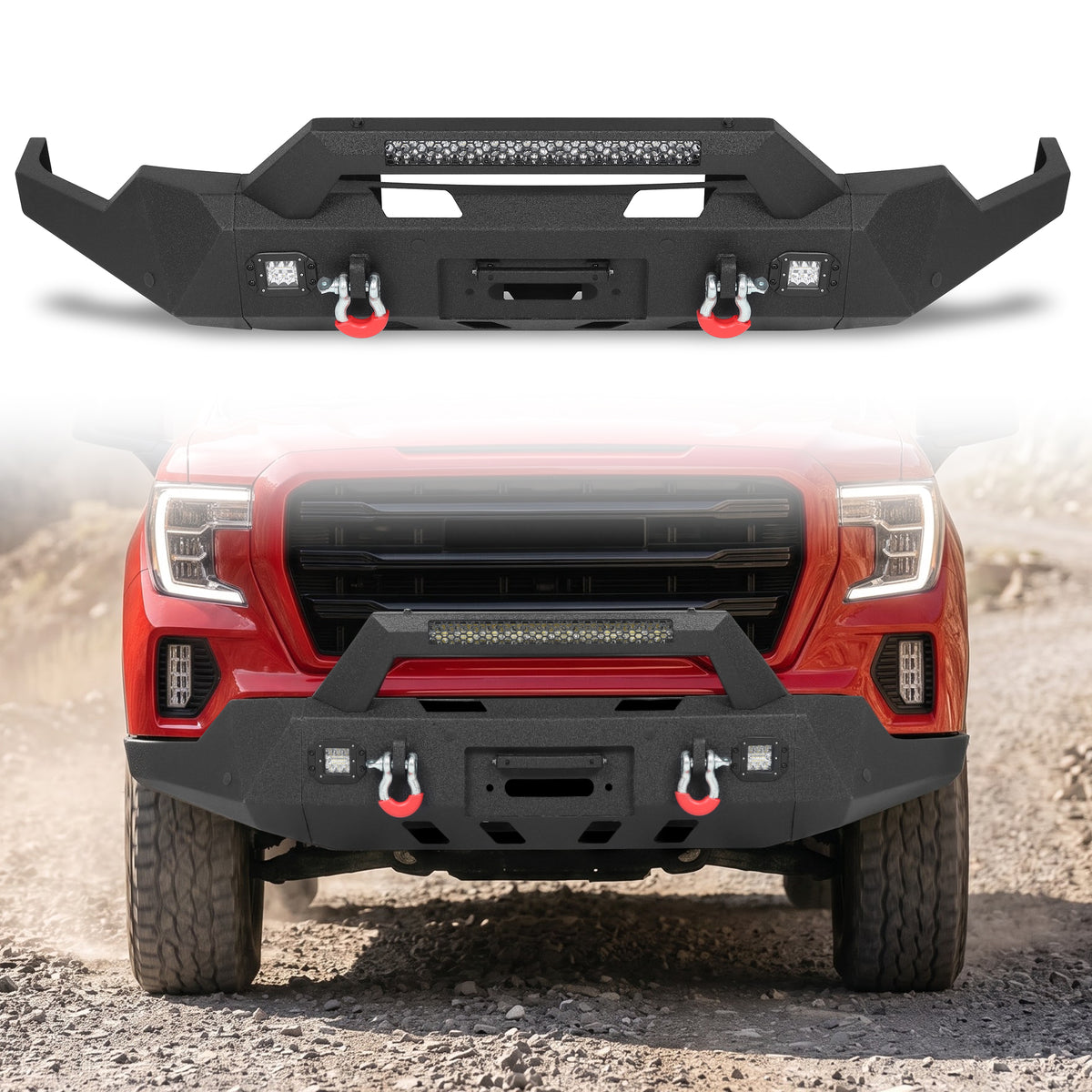 GMC Sierra 1500 2019-2022 Front Bumper|11-Gauge Carbon Steel, Integrated Winch Plate, D-Rings, LED Lights & License Plate Mount