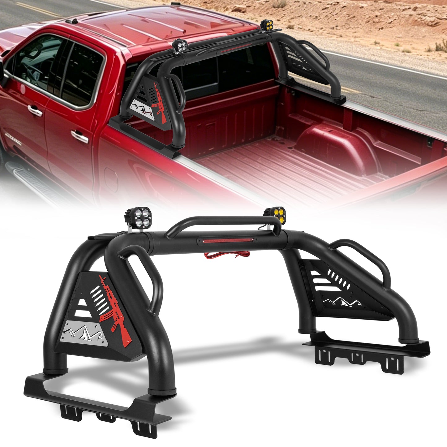 Roll Bar for Mid Size Pickup Truck with Triple Integrated Grab Handles and Pod Light Mounts