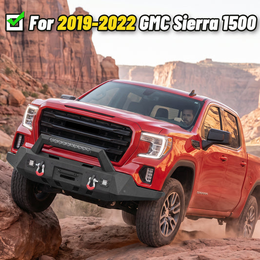 GMC Sierra 1500 2019-2022 Front Bumper|11-Gauge Carbon Steel, Integrated Winch Plate, D-Rings, LED Lights & License Plate Mount