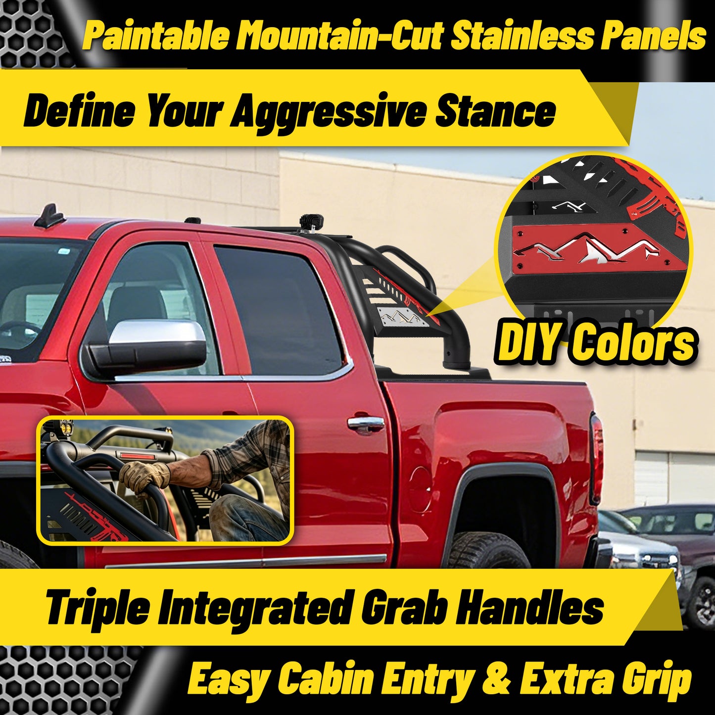 Roll Bar for Mid Size Pickup Truck with Triple Integrated Grab Handles and Pod Light Mounts