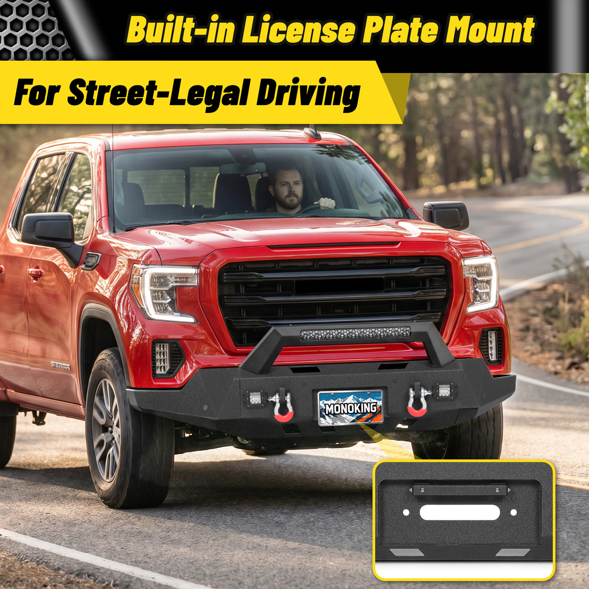 GMC Sierra 1500 2019-2022 Front Bumper|11-Gauge Carbon Steel, Integrated Winch Plate, D-Rings, LED Lights & License Plate Mount