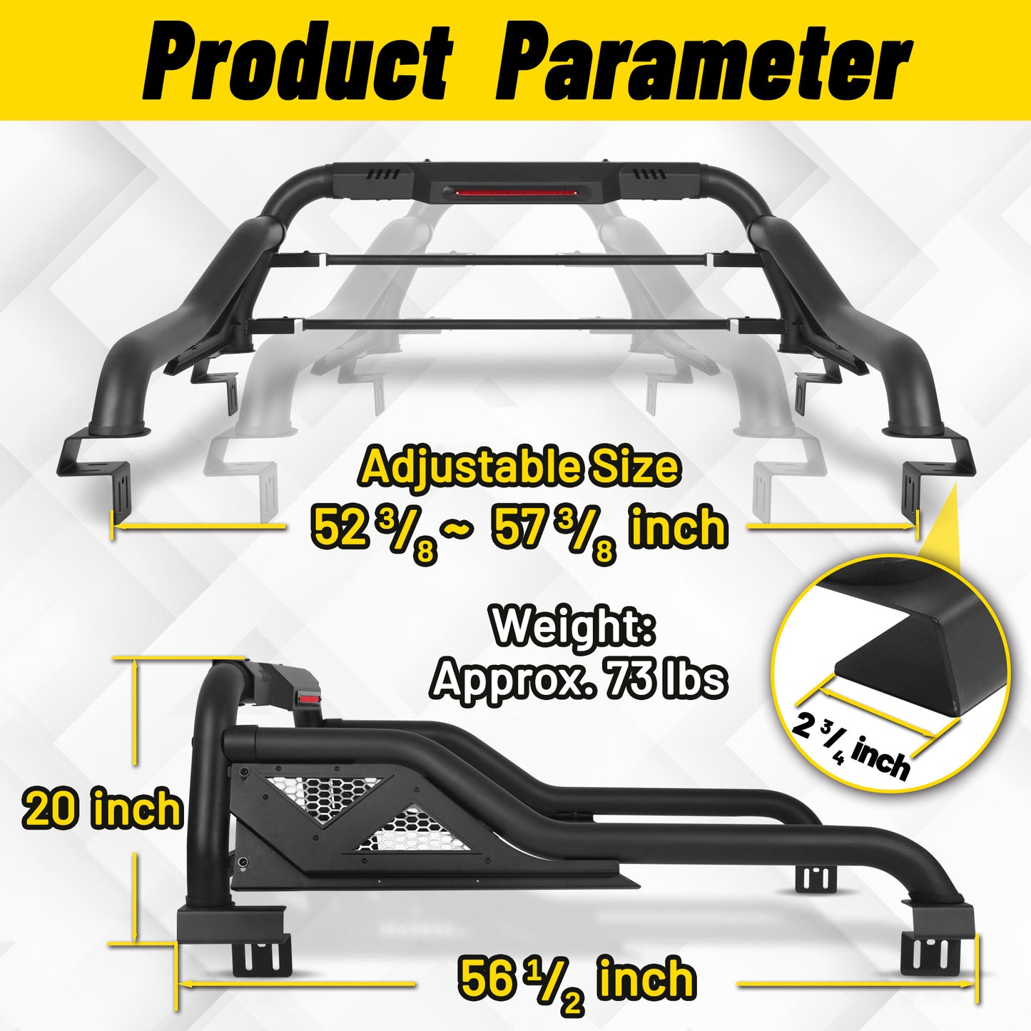 Heavy Duty Roll Bar For Mid Size  Pickup Truck with Brake Light and Support Rods