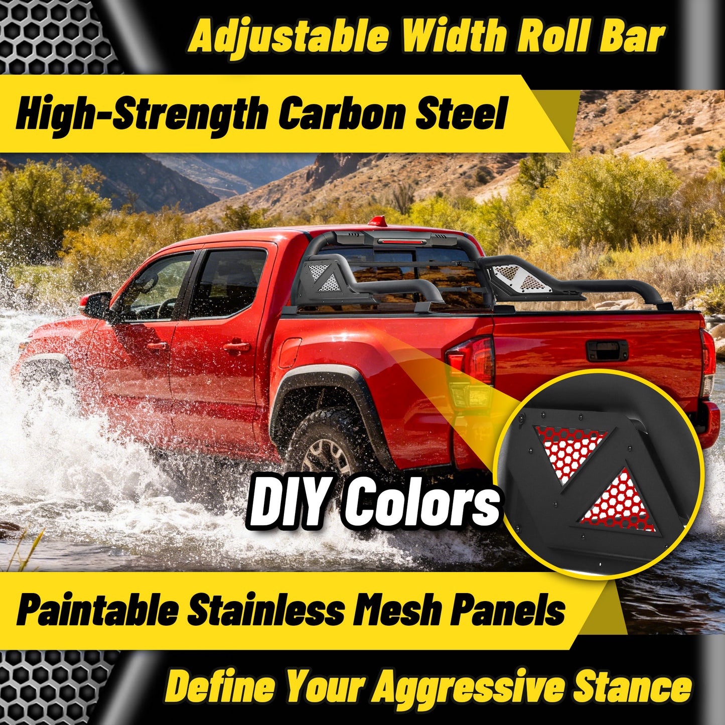 Heavy Duty Roll Bar For Mid Size  Pickup Truck with Brake Light and Support Rods