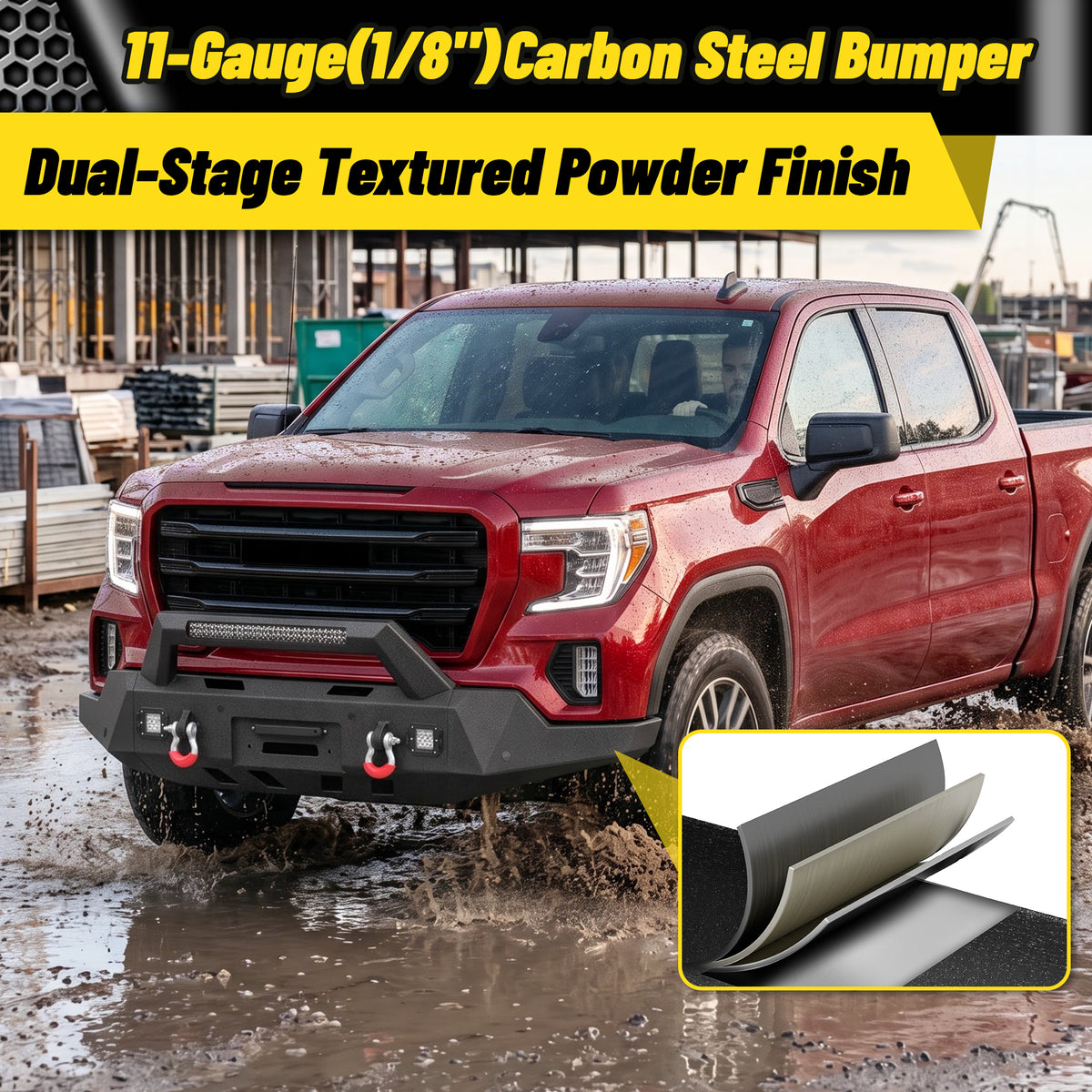 GMC Sierra 1500 2019-2022 Front Bumper|11-Gauge Carbon Steel, Integrated Winch Plate, D-Rings, LED Lights & License Plate Mount
