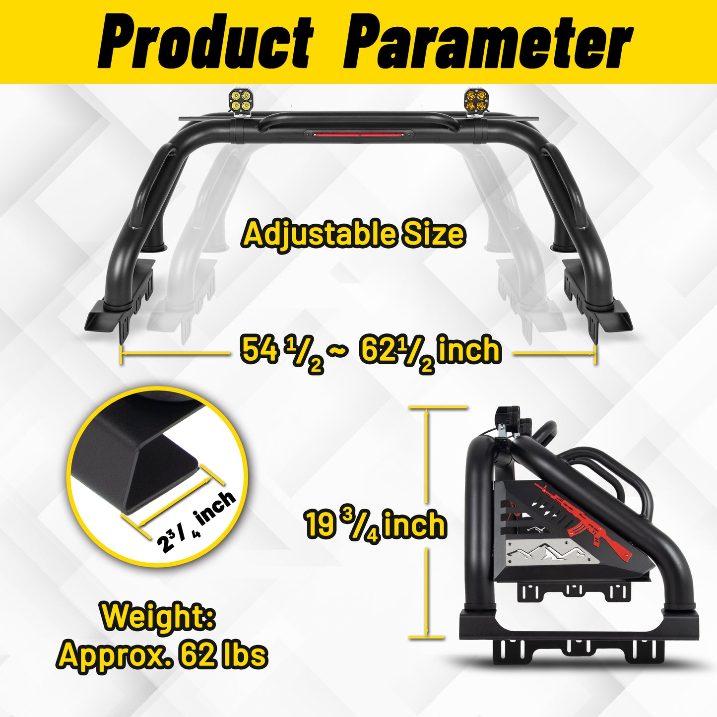 Roll Bar for Mid Size Pickup Truck with Triple Integrated Grab Handles and Pod Light Mounts