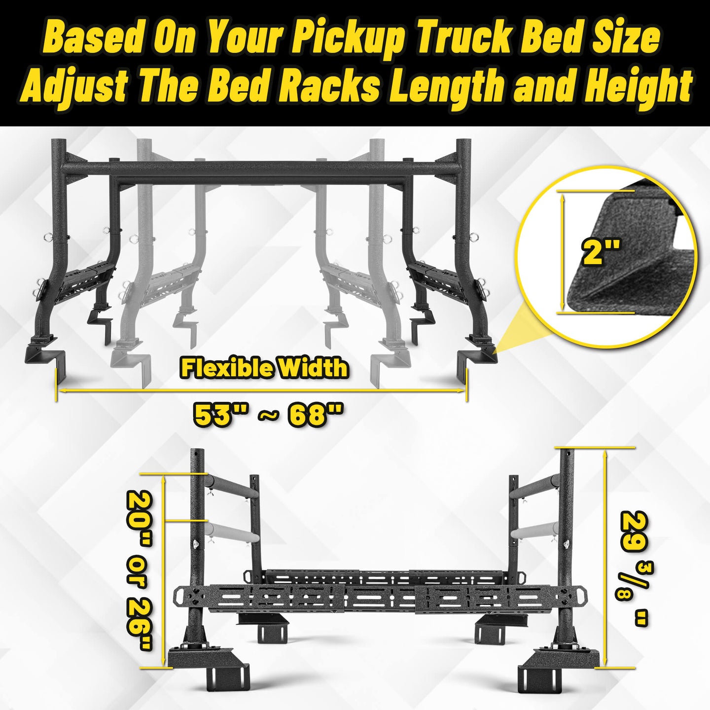 steel truck bed rack with sidebars, adjustable height and length to fit your truck.
