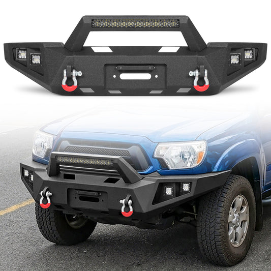 Toyota Tacoma 05-15 2nd Gen Front Bumper|Direct Bolt-On, No Drill, Carbon Steel Off-Road & Trail Armor, LED Light Bar＆Dual D-rings
