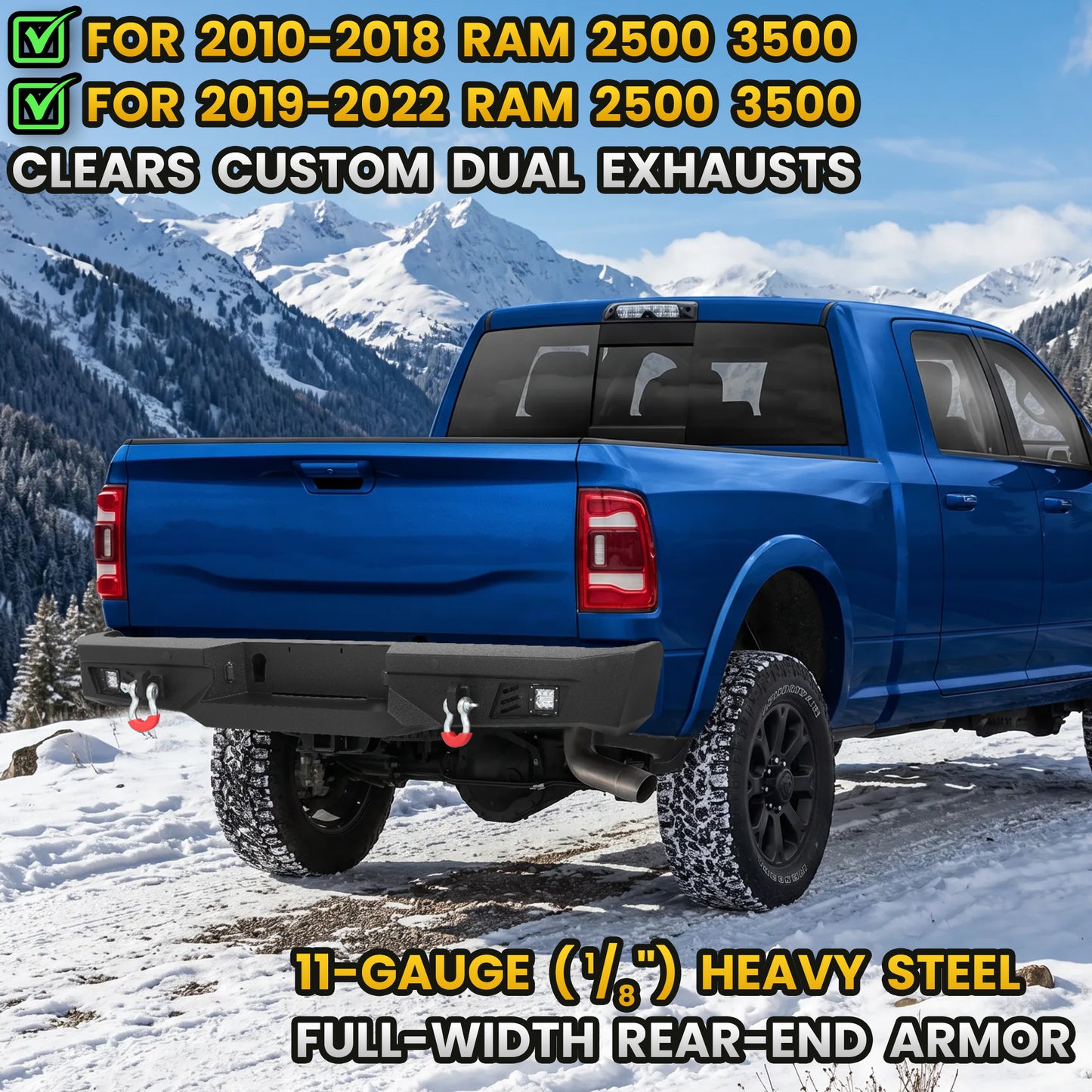 Dodge Ram 2500 3500 10-18/19-22 Rear Bumper|Direct Bolt-On, No Drill, Work & Tow Ready Armor, LED Lights & D-Rings