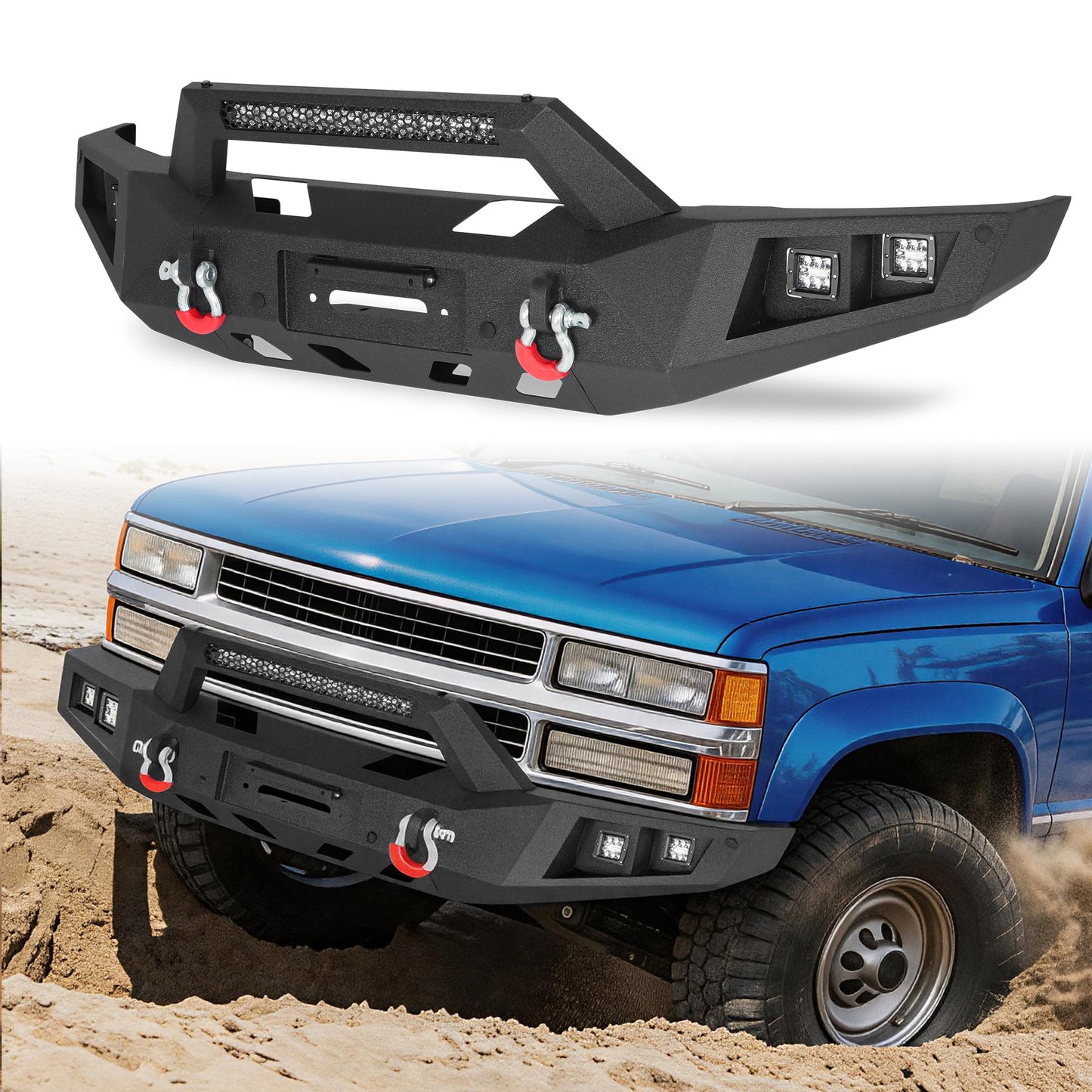 Chevy Suburban 92-99 / Yukon 92-99 / Tahoe 95-99 Front Bumper|Bolt-On, No Drilling, Heavy Duty Steel Work Armor, LED Lights & D-Rings