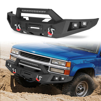 compare product Chevy Suburban 92-99 / Yukon 92-99 / Tahoe 95-99 Front Bumper|Bolt-On, No Drilling, Heavy Duty Steel Work Armor, LED Lights & D-Rings