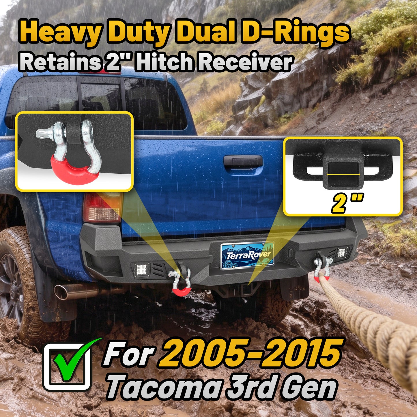 Toyota Tacoma 05-15 2nd Gen Rear Bumper|Direct Bolt-On, No Drill, Off-Road & Overland Armor, LED Pods & Step Plate