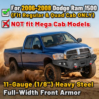 Dodge Ram 1500 06-08 (Excl. Mega Cab) Front Bumper| Bolt-On, No Drilling,Heavy Duty Steel Work Armor, LED Light Bar & D-Rings