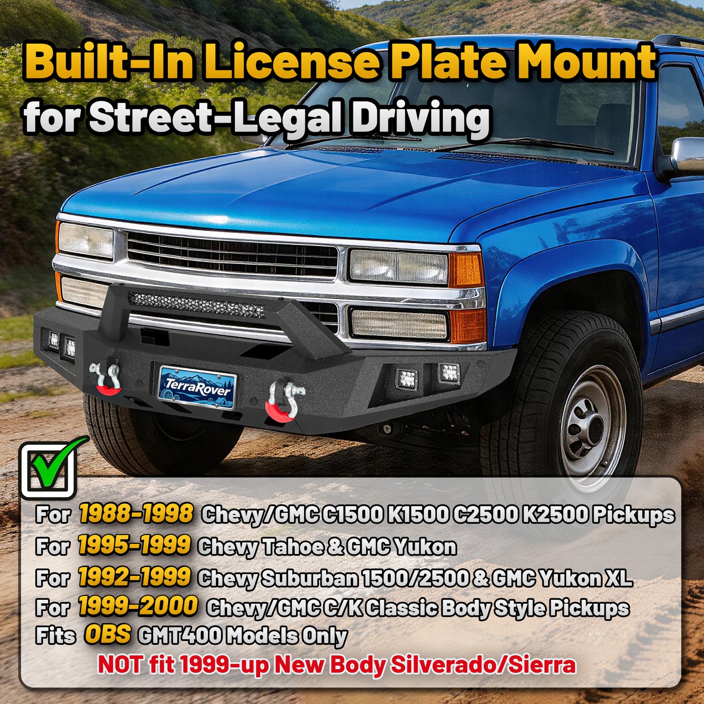 Chevy Suburban 92-99 / Yukon 92-99 / Tahoe 95-99 Front Bumper|Bolt-On, No Drilling, Heavy Duty Steel Work Armor, LED Lights & D-Rings