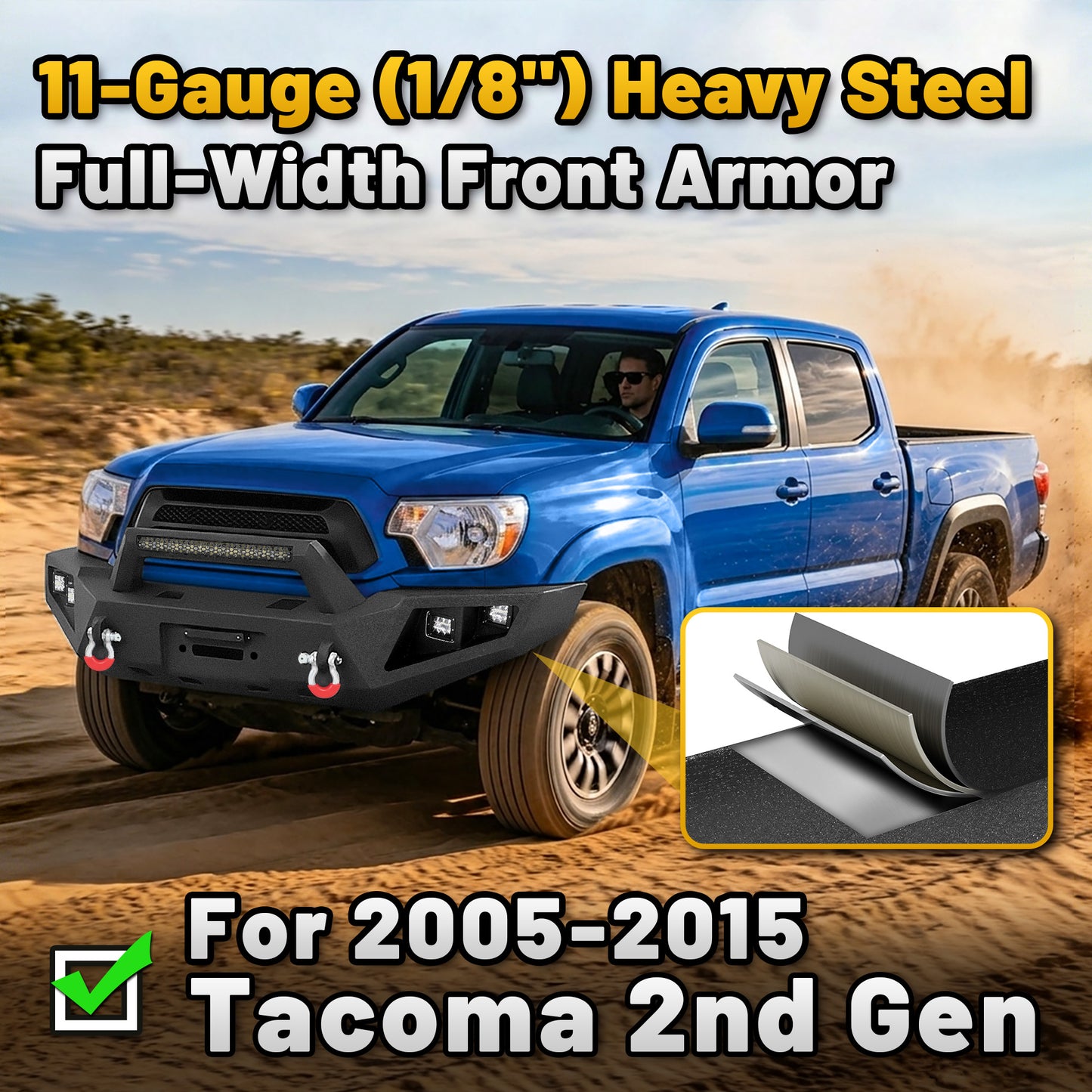 Toyota Tacoma 05-15 2nd Gen Front Bumper|Direct Bolt-On, No Drill, Carbon Steel Off-Road & Trail Armor, LED Light Bar＆Dual D-rings