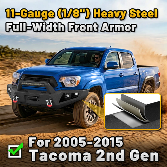 Toyota Tacoma 05-15 2nd Gen Front Bumper|Direct Bolt-On, No Drill, Carbon Steel Off-Road & Trail Armor, LED Light Bar＆Dual D-rings