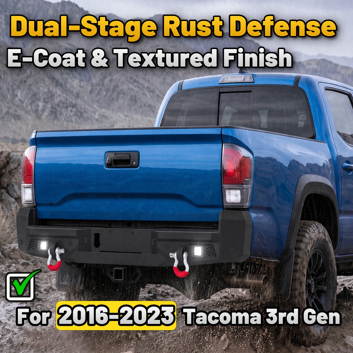 Toyota Tacoma 3rd Gen 2016-2023 Rear Bumper|Direct Bolt-On, No Drill, Carbon Steel Overland Armor, Step Plate & D-Rings