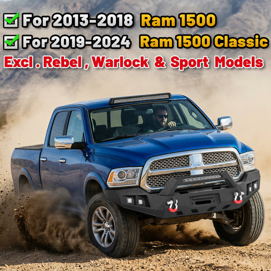 Ram 1500 Rebel 15-18 Front Bumper|Bolt-On, No Drilling, Work ＆ Tow Ready Armor, LED Light Bar & D-Rings