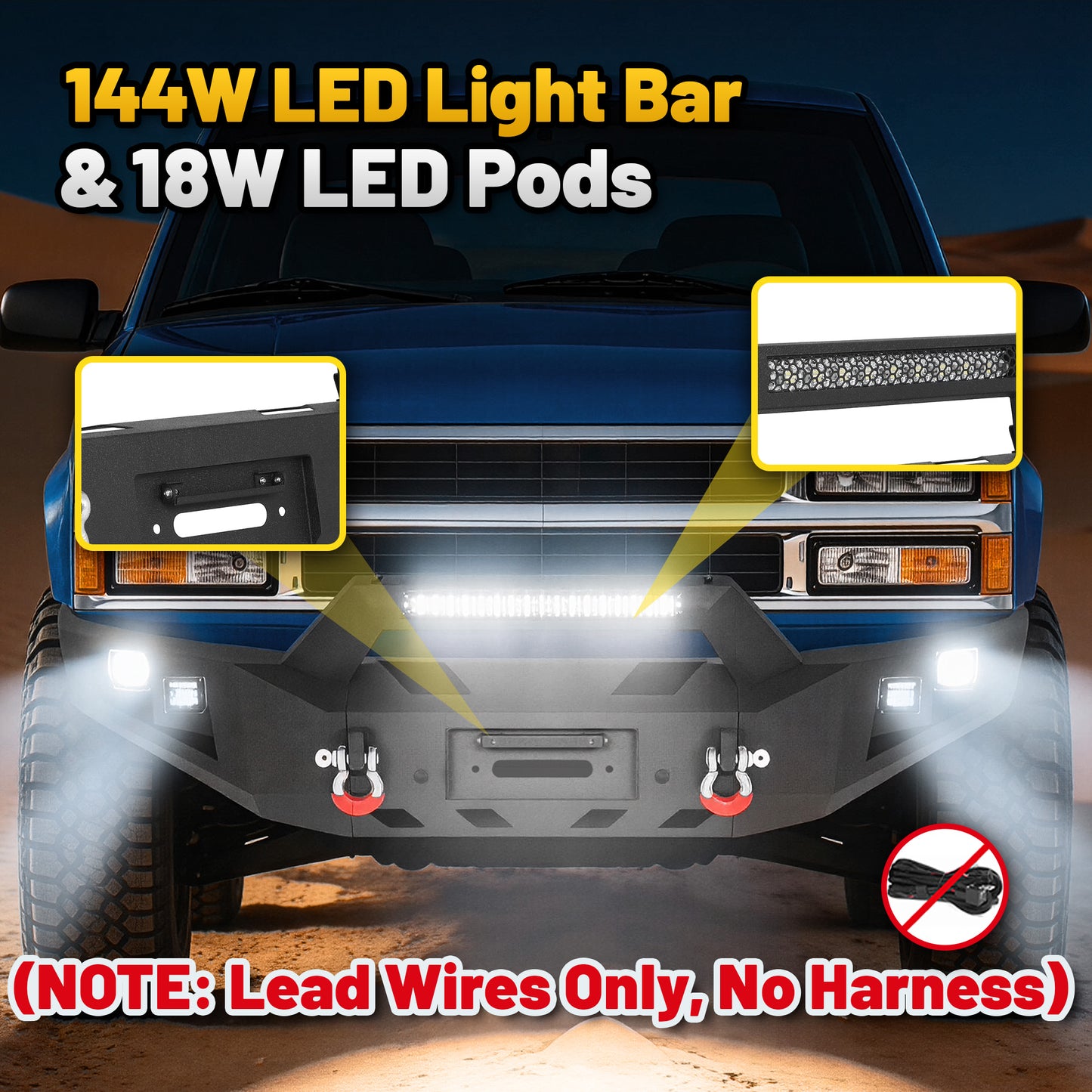Chevy Suburban 92-99 / Yukon 92-99 / Tahoe 95-99 Front Bumper|Bolt-On, No Drilling, Heavy Duty Steel Work Armor, LED Lights & D-Rings