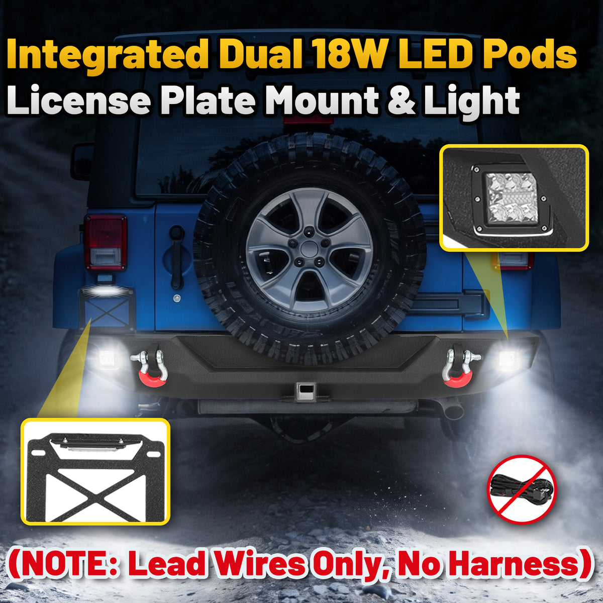 Jeep Wrangler JK/JKU 07-18 Rear Bumper|Direct Bolt-On, No Drill, Trail Protection & Recovery, LED Lights & D-Rings