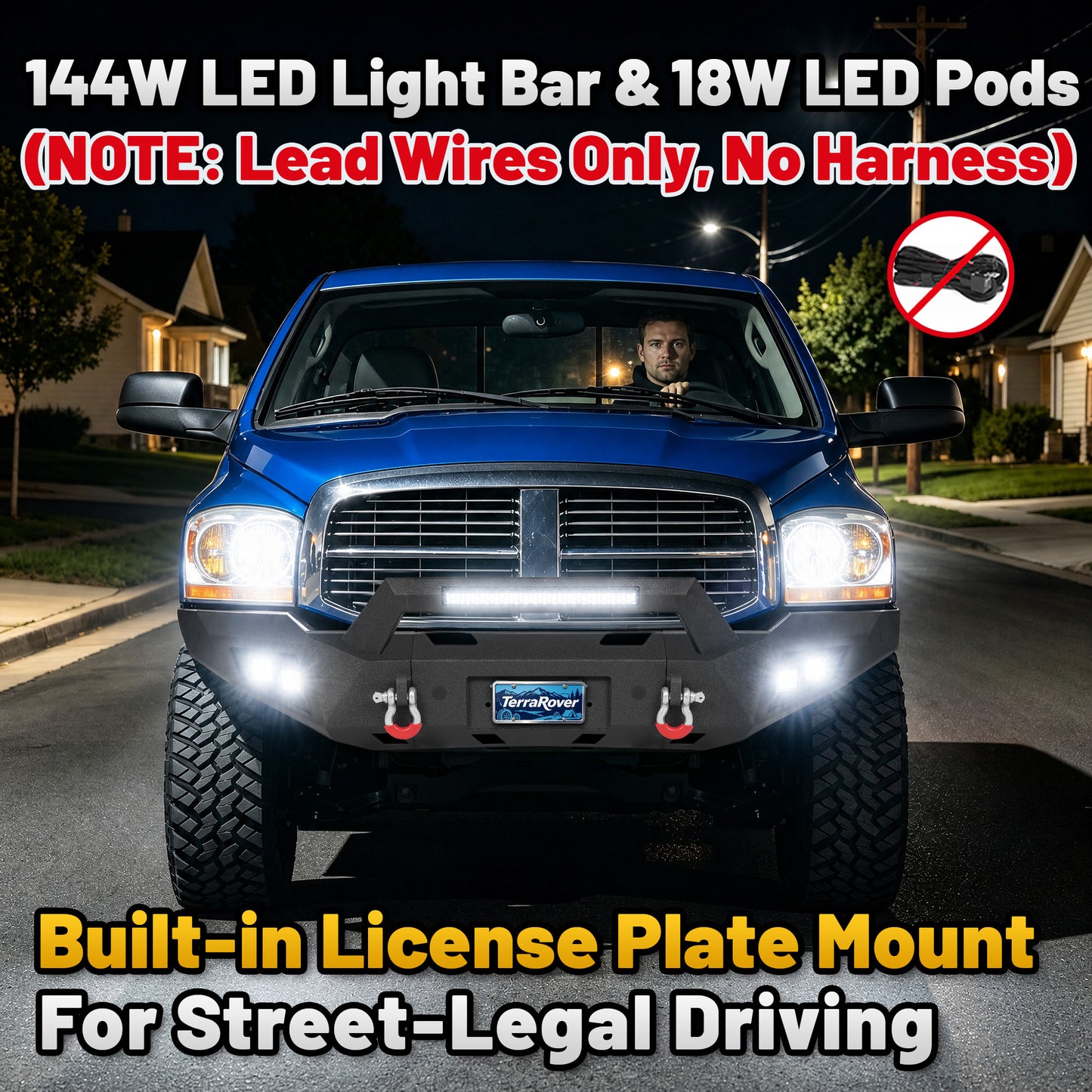Dodge Ram 1500 06-08 (Excl. Mega Cab) Front Bumper| Bolt-On, No Drilling,Heavy Duty Steel Work Armor, LED Light Bar & D-Rings