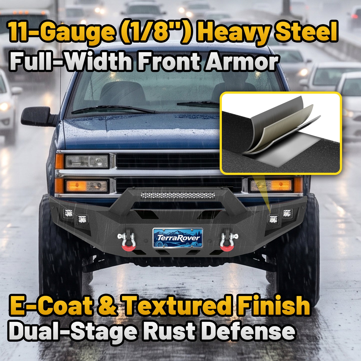 Chevy Suburban 92-99 / Yukon 92-99 / Tahoe 95-99 Front Bumper|Bolt-On, No Drilling, Heavy Duty Steel Work Armor, LED Lights & D-Rings