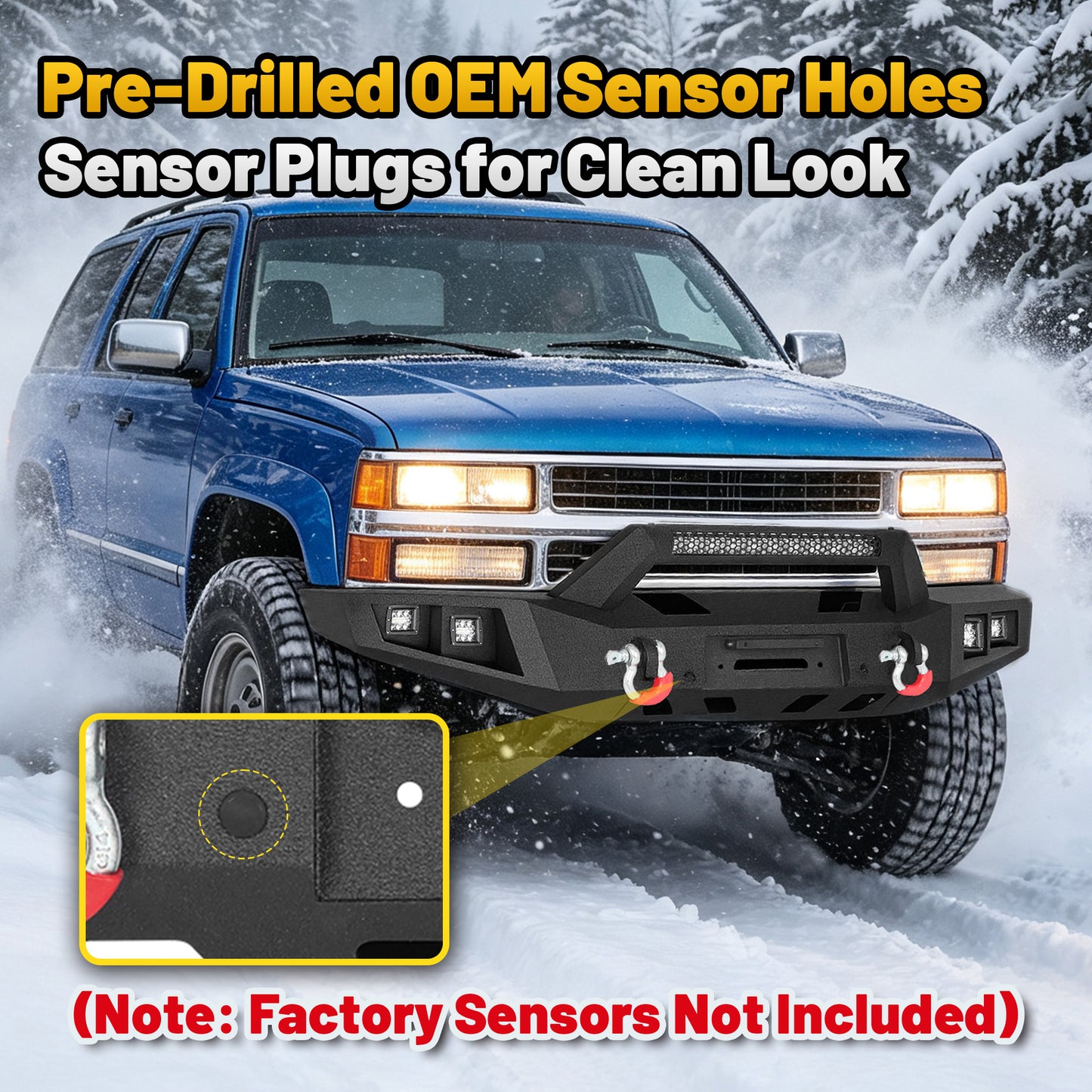 Chevy Suburban 92-99 / Yukon 92-99 / Tahoe 95-99 Front Bumper|Bolt-On, No Drilling, Heavy Duty Steel Work Armor, LED Lights & D-Rings