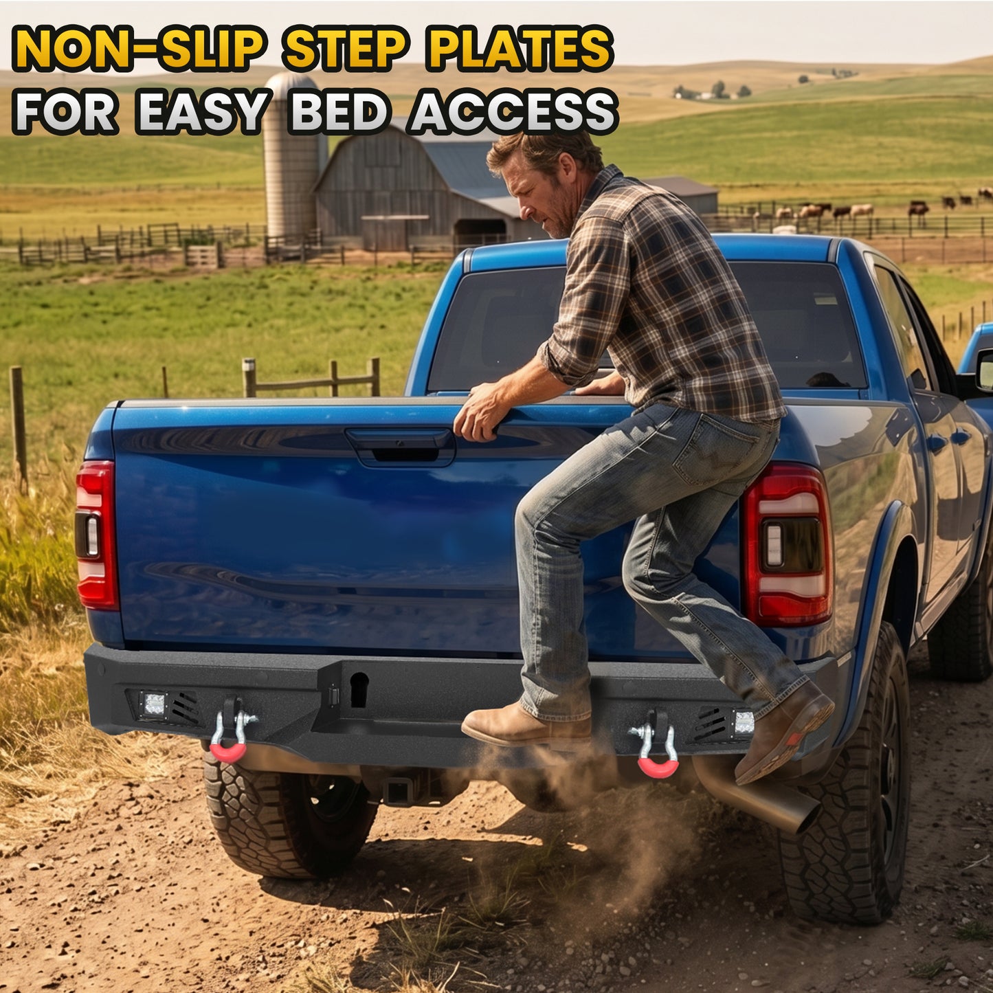 Dodge Ram 2500 3500 10-18/19-22 Rear Bumper|Direct Bolt-On, No Drill, Work & Tow Ready Armor, LED Lights & D-Rings