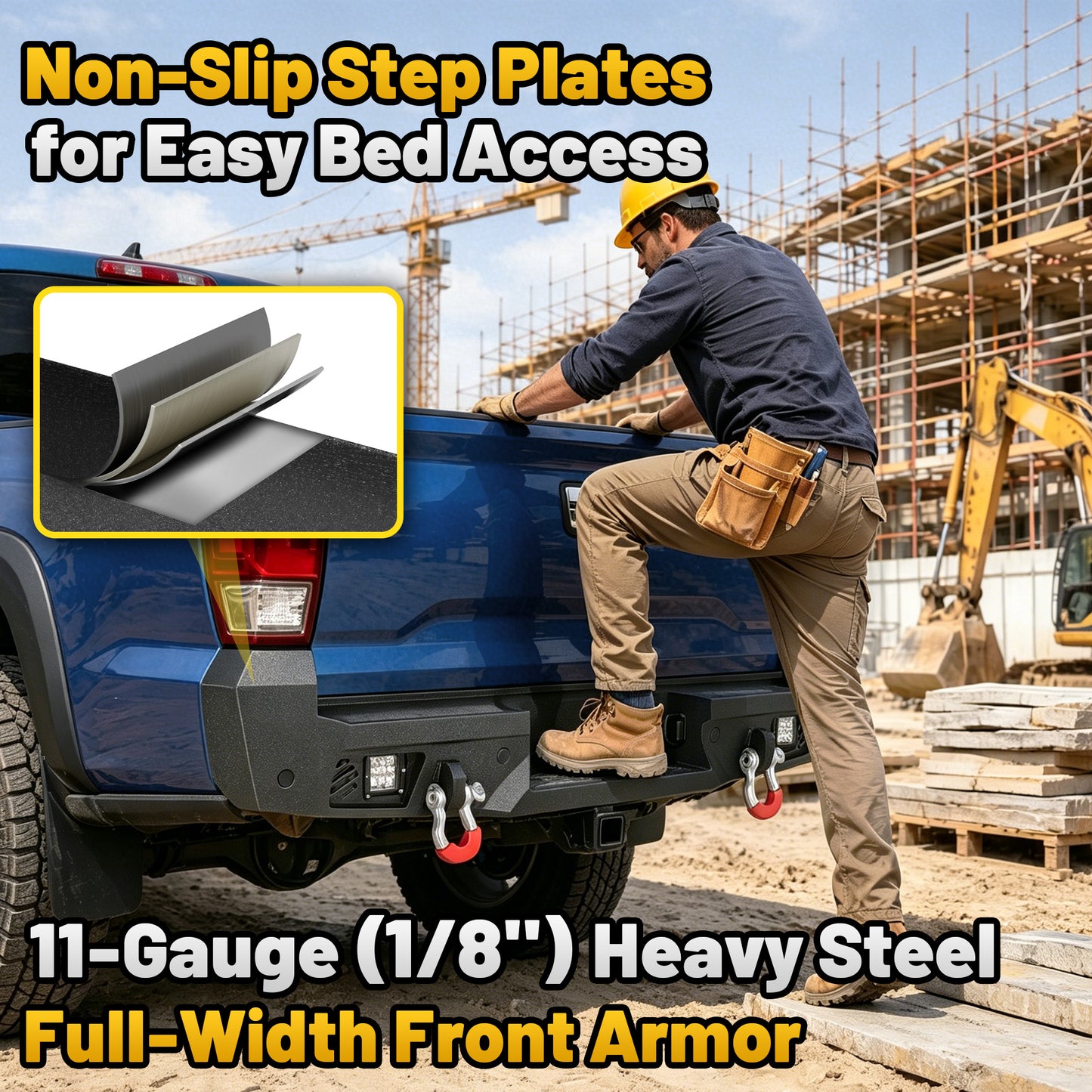 Toyota Tacoma 3rd Gen 2016-2023 Rear Bumper|Direct Bolt-On, No Drill, Carbon Steel Overland Armor, Step Plate & D-Rings