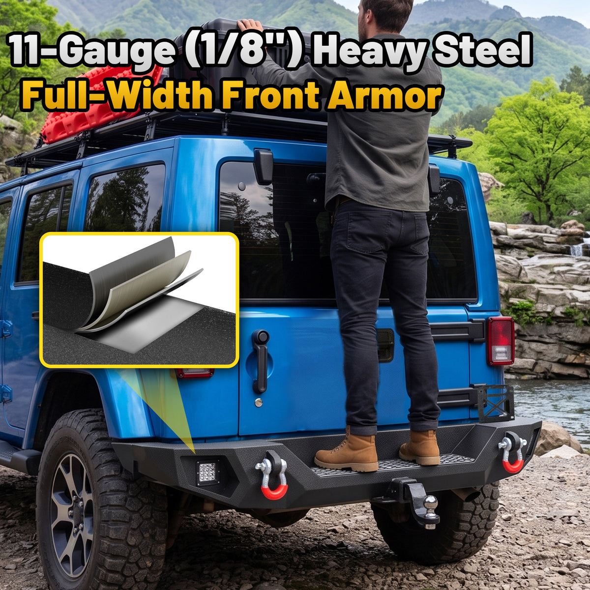 Jeep Wrangler JL/JLU 18-26 Rear Bumper|Direct Bolt-On, No Drill, Off-Road Adventure Armor, LED Pods & D-Rings