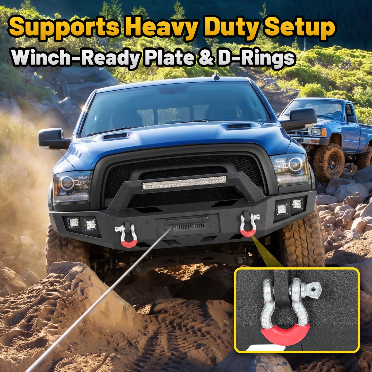 Ram 1500 Rebel 15-18 Front Bumper|Bolt-On, No Drilling, Off-Road Armor, LED Light Bar & D-Rings