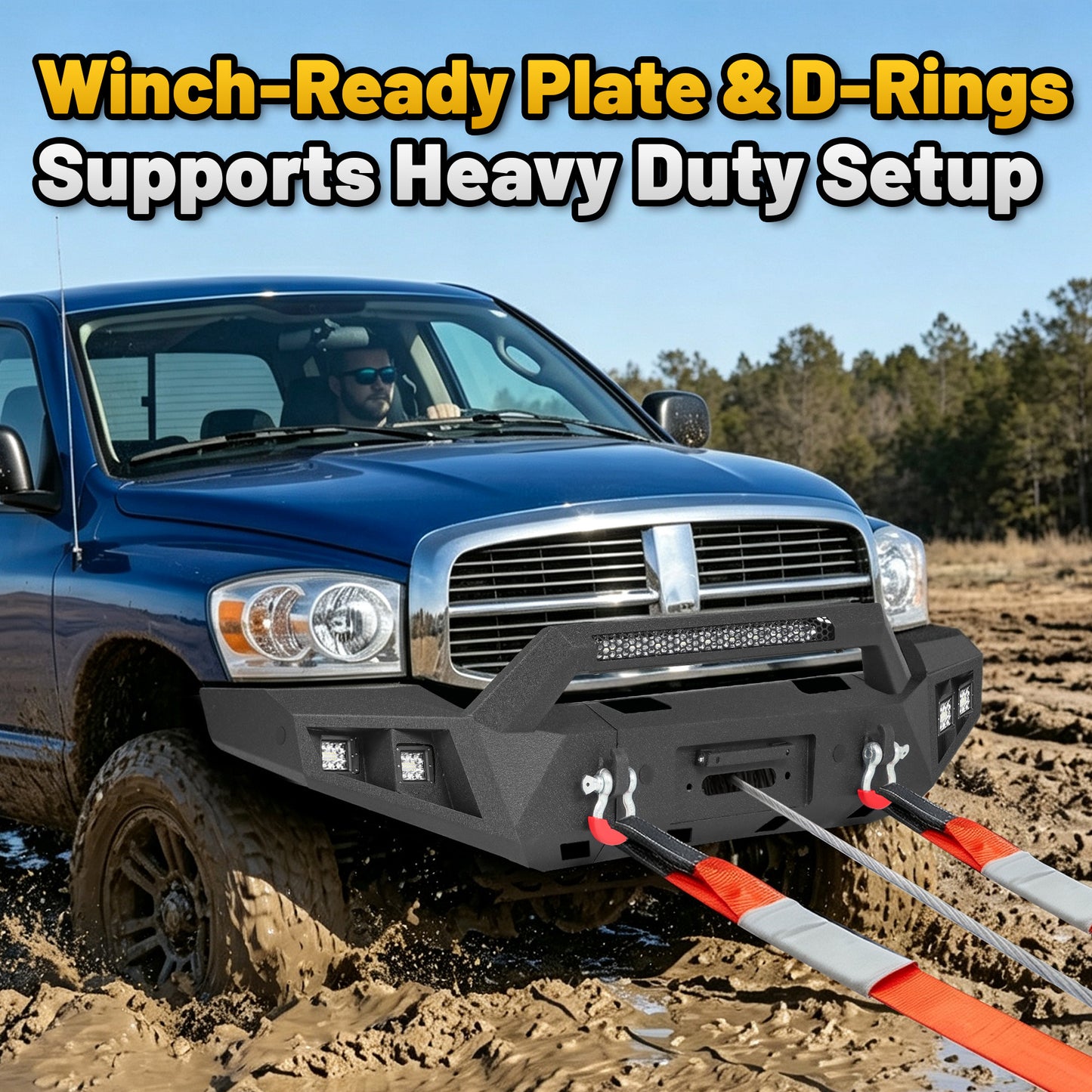 Dodge Ram 1500 06-08 (Excl. Mega Cab) Front Bumper| Bolt-On, No Drilling,Heavy Duty Steel Work Armor, LED Light Bar & D-Rings