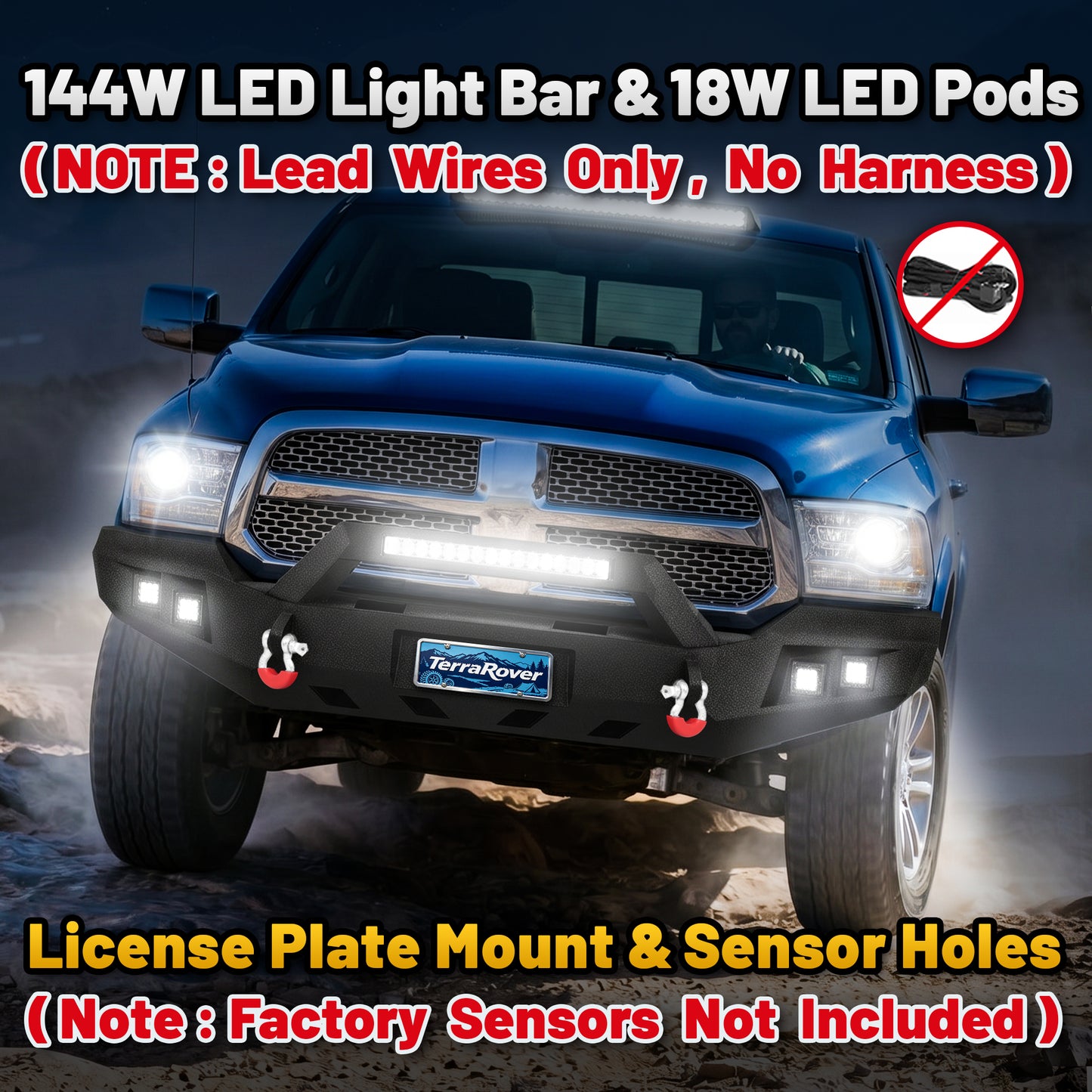 Ram 1500 Rebel 15-18 Front Bumper|Bolt-On, No Drilling, Work ＆ Tow Ready Armor, LED Light Bar & D-Rings
