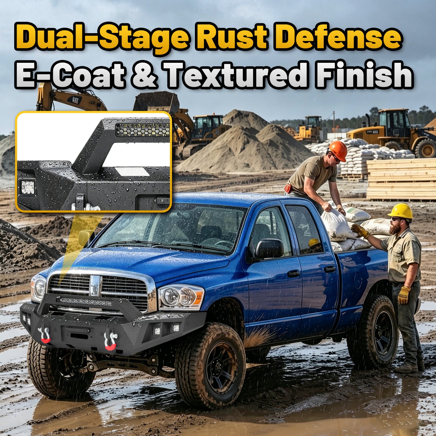 Dodge Ram 1500 06-08 (Excl. Mega Cab) Front Bumper| Bolt-On, No Drilling,Heavy Duty Steel Work Armor, LED Light Bar & D-Rings