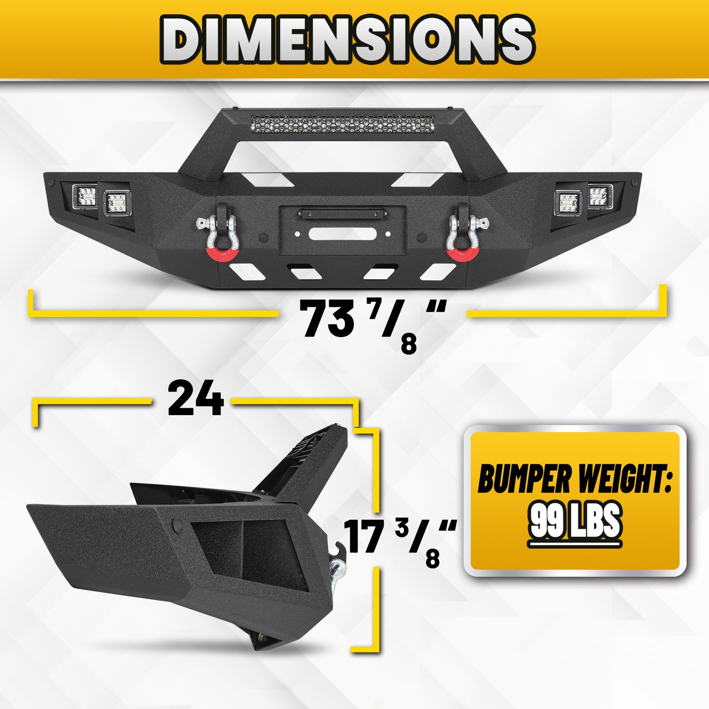 Chevy Suburban 92-99 / Yukon 92-99 / Tahoe 95-99 Front Bumper|Bolt-On, No Drilling, Heavy Duty Steel Work Armor, LED Lights & D-Rings