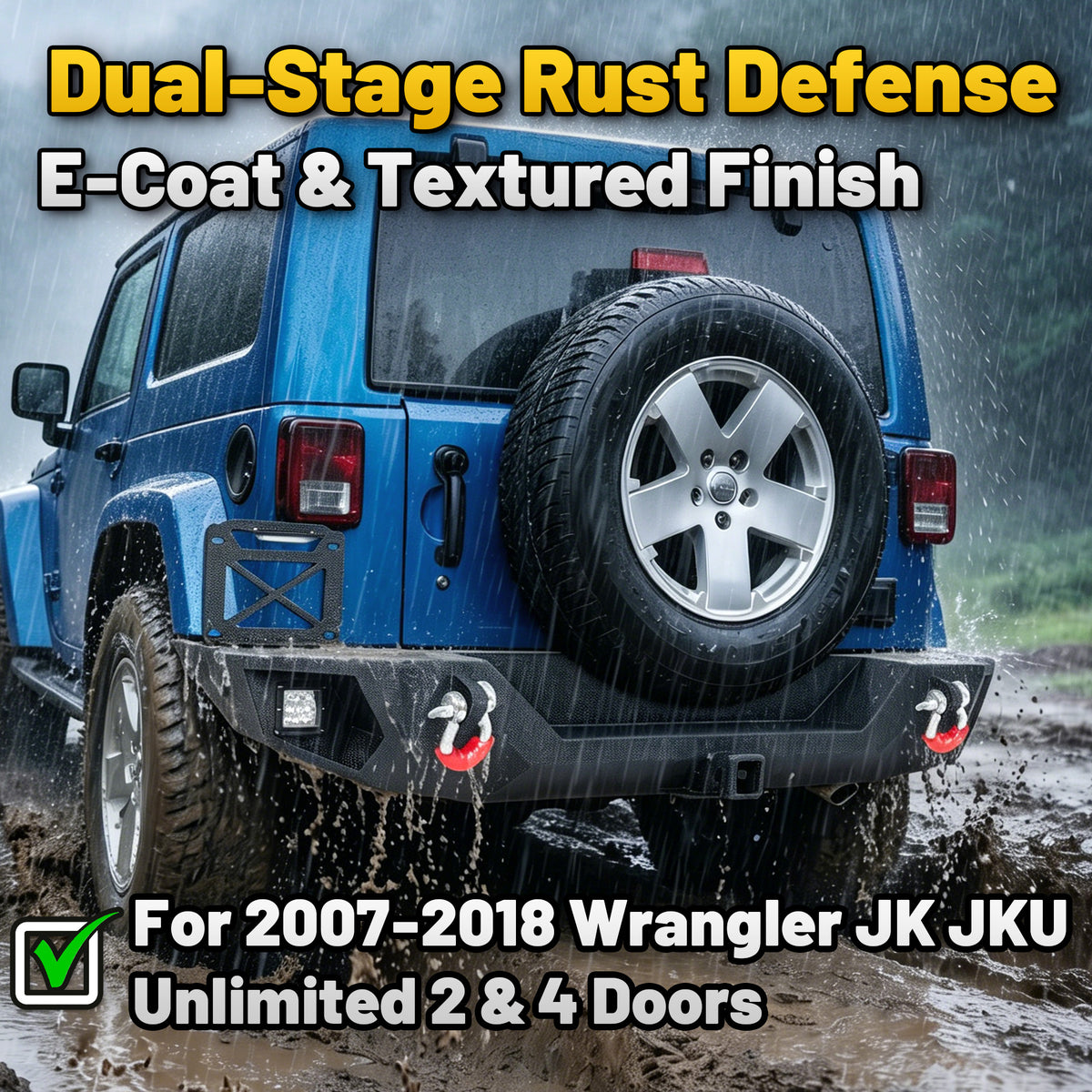 Jeep Wrangler JK/JKU 07-18 Rear Bumper|Direct Bolt-On, No Drill, Trail Protection & Recovery, LED Lights & D-Rings