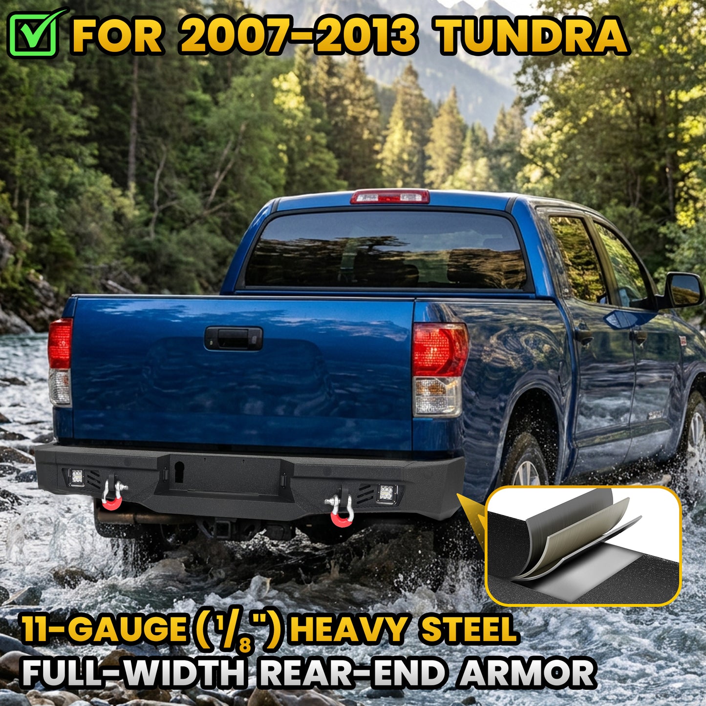 Toyota Tundra 07-13 Rear Bumper|Direct Bolt-On, No Drill, Work & Trail Defense, D-Rings & License Plate Lights
