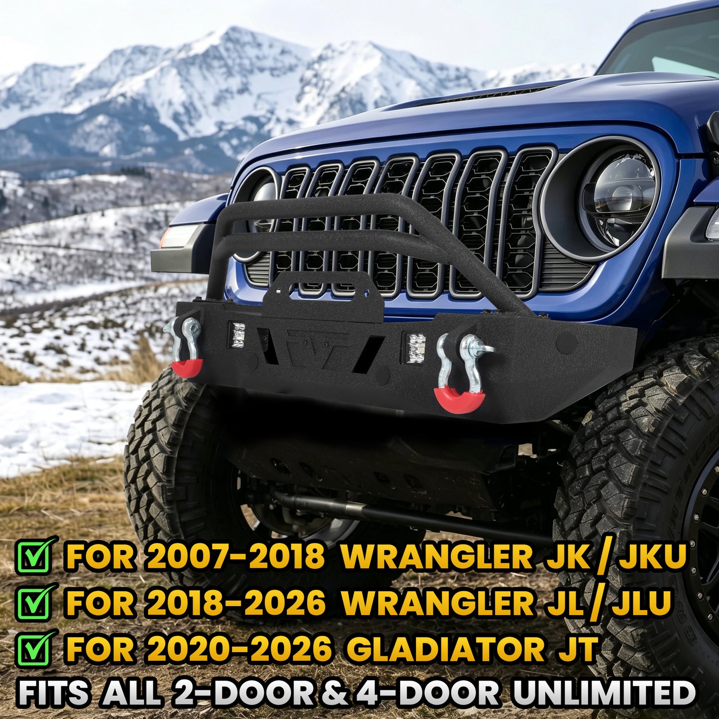 Jeep Wrangler JL/JLU 18-26 JK/JKU 18-26 GLADIATOR JT 20-26 Front Bumper|Direct Bolt-On, No Drill, Off-Road Adventure Armor, LED Pods & D-Rings