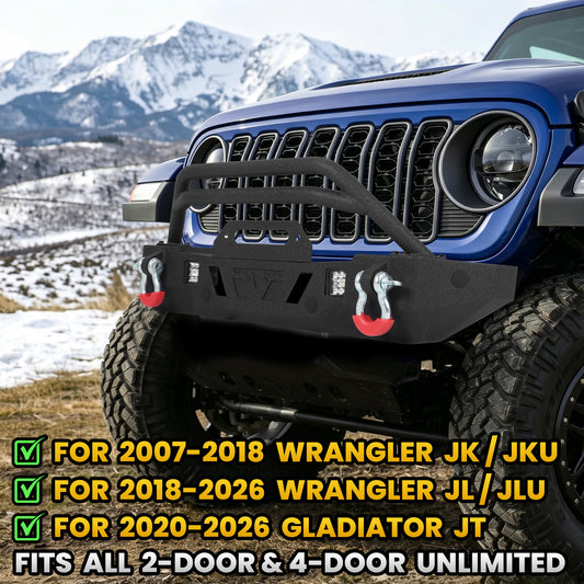 Jeep Wrangler JL/JLU 18-26 JK/JKU 18-26 GLADIATOR JT 20-26 Front Bumper|Direct Bolt-On, No Drill, Off-Road Adventure Armor, LED Pods & D-Rings