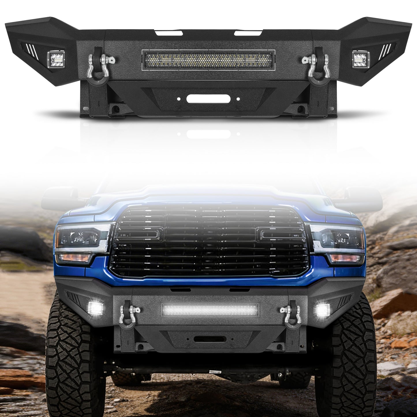 Dodge Ram 2500 19-24 Front Bumper|Direct Bolt-On, No Drill, Work Truck & Off-Road Protection, LED Light Bar & Fog Lights