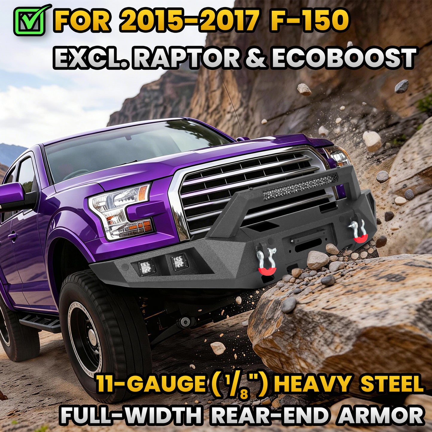 Ford F-150 15-17 (Excl. Raptor & EcoBoost) Front Bumper|Direct Bolt-On, No Drill, Off-Road Armor, LED Light Bar & Winch Plate