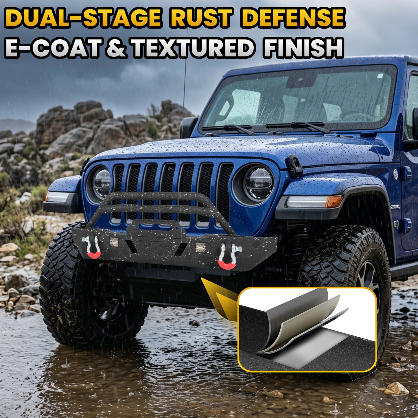 Jeep Wrangler JL/JLU 18-26 JK/JKU 18-26 GLADIATOR JT 20-26 Front Bumper|Direct Bolt-On, No Drill, Off-Road Adventure Armor, LED Pods & D-Rings